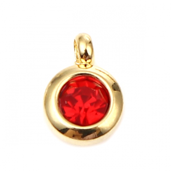 Immagine di Stainless Steel & Glass Birthstone Charms Round Gold Plated Red July 9mm x 7mm, 2 PCs
