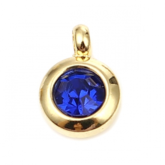 Immagine di Stainless Steel & Glass Charms Round Gold Plated Royal Blue 9mm x 7mm, 2 PCs