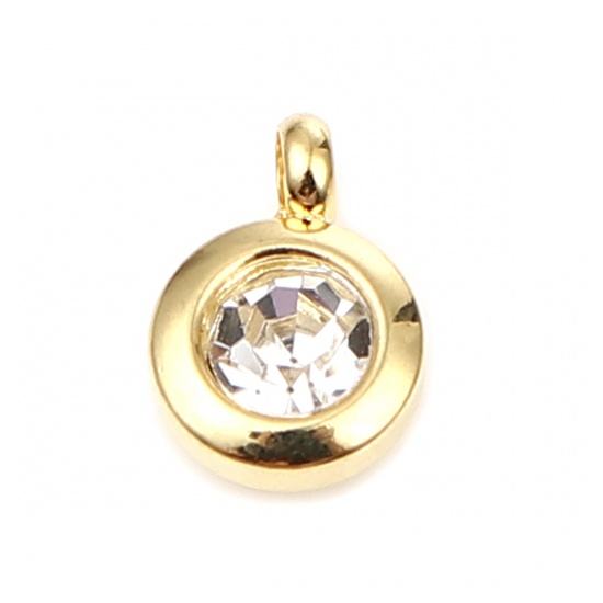 Immagine di Stainless Steel & Glass Birthstone Charms Round Gold Plated Transparent Clear April 9mm x 7mm, 2 PCs