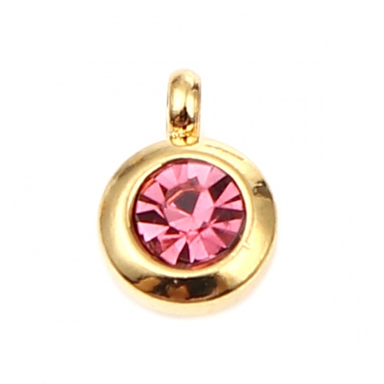 Immagine di Stainless Steel & Glass Birthstone Charms Round Gold Plated Peach Pink October 9mm x 7mm, 2 PCs