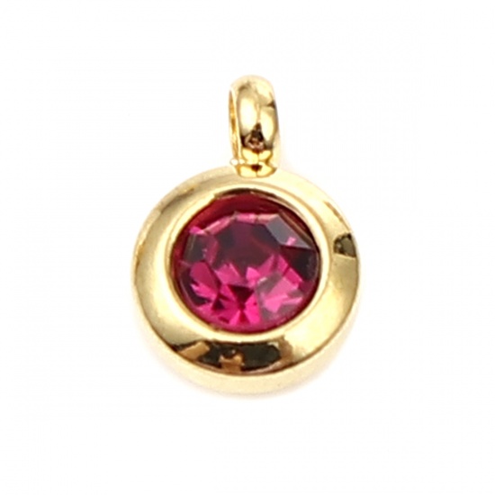 Immagine di Stainless Steel & Glass Birthstone Charms Round Gold Plated Fuchsia February 9mm x 7mm, 2 PCs