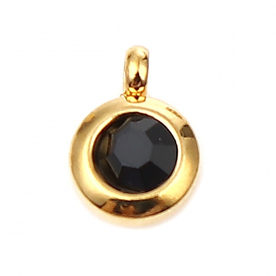 Immagine di Stainless Steel & Glass Charms Round Gold Plated Black 9mm x 7mm, 2 PCs