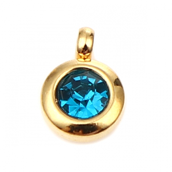Immagine di Stainless Steel & Glass Birthstone Charms Round Gold Plated Lake Blue December 9mm x 7mm, 2 PCs