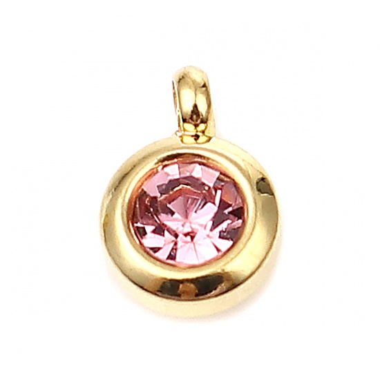 Immagine di Stainless Steel & Glass Birthstone Charms Round Gold Plated Pink June 9mm x 7mm, 2 PCs