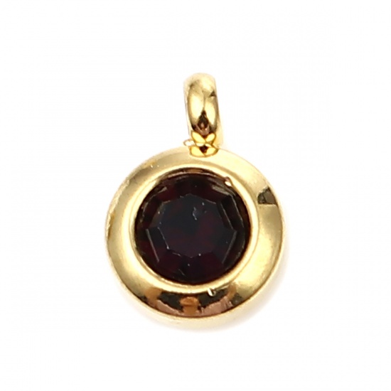 Immagine di Stainless Steel & Glass Birthstone Charms Round Gold Plated Wine Red January 9mm x 7mm, 2 PCs