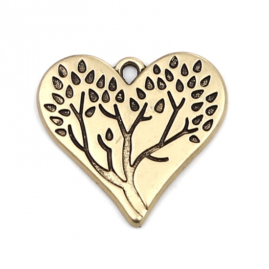 Picture of Zinc Based Alloy Valentine's Day Charms Heart Gold Tone Antique Gold Tree 28mm x 27mm, 5 PCs