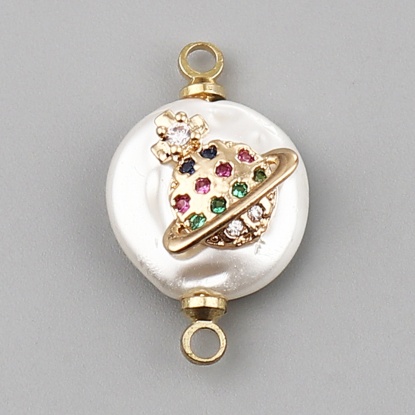 Picture of Shell & Copper Galaxy Connectors Planet Gold Plated White Round Multicolor Rhinestone 21mm x 12mm, 2 PCs