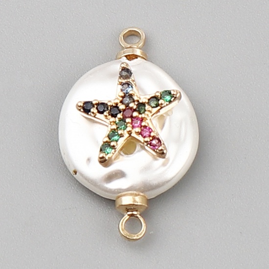 Picture of Shell & Copper Ocean Jewelry Connectors Round Gold Plated White Star Fish Multicolor Rhinestone 21mm x 12mm, 2 PCs
