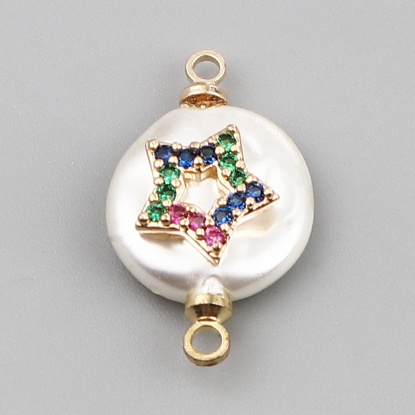 Picture of Shell & Copper Galaxy Connectors Round Gold Plated White Star Multicolor Rhinestone 21mm x 12mm, 2 PCs