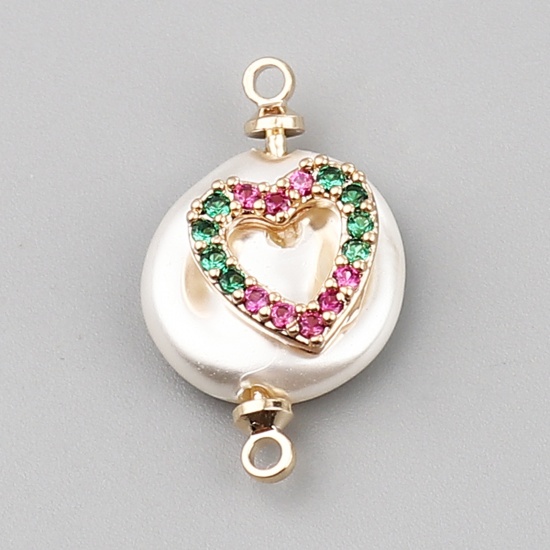 Picture of Shell & Copper Valentine's Day Connectors Round Gold Plated White Heart Multicolor Rhinestone 21mm x 12mm, 2 PCs