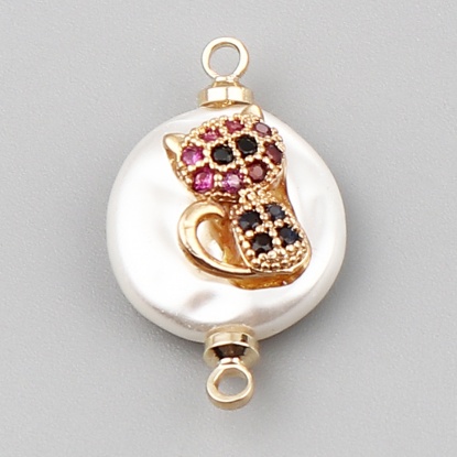 Picture of Shell & Copper Connectors Round Gold Plated White Cat Multicolor Rhinestone 21mm x 12mm, 2 PCs