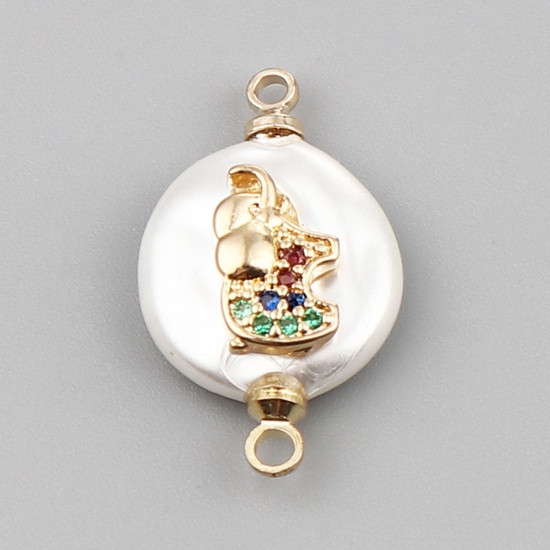 Picture of Shell & Copper Connectors Round Gold Plated White Elephant Multicolor Rhinestone 21mm x 12mm, 2 PCs