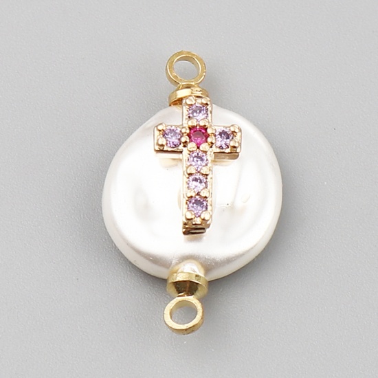 Picture of Shell & Copper Religious Connectors Round Gold Plated White Cross Multicolor Rhinestone 21mm x 12mm, 2 PCs