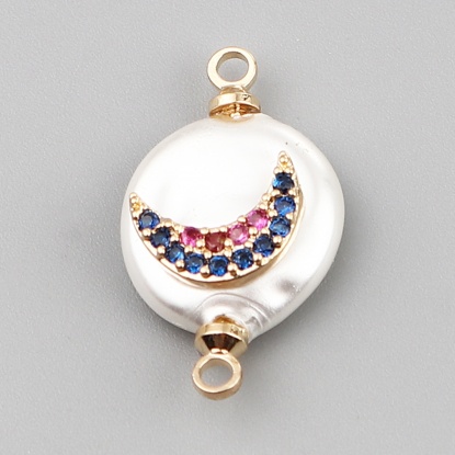 Picture of Shell & Copper Galaxy Connectors Round Gold Plated White Moon Multicolor Rhinestone 21mm x 12mm, 2 PCs