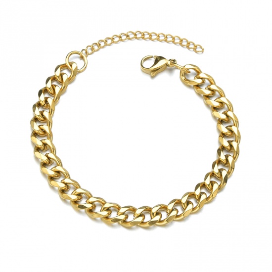 Picture of Stainless Steel Link Curb Chain Bracelets 18K Gold Plated 18cm(7 1/8") long, 3mm wide, 1 Piece