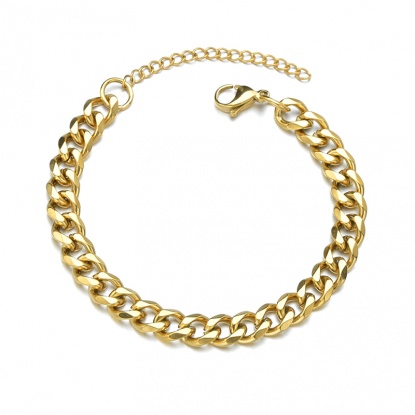 Изображение Stainless Steel Link Curb Chain Bracelets 18K Gold Plated 18cm(7 1/8") long, 5mm wide, 1 Piece