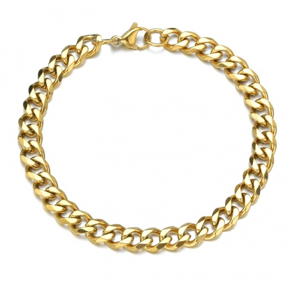 Immagine di Stainless Steel Link Curb Chain Bracelets 18K Gold Plated 22cm(8 5/8") long, 5mm wide, 1 Piece