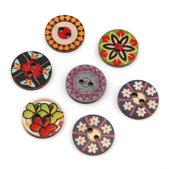 Picture of Wood Buddhism Mandala Sewing Buttons Scrapbooking Two Holes Round At Random Color Flower 20mm Dia., 100 PCs