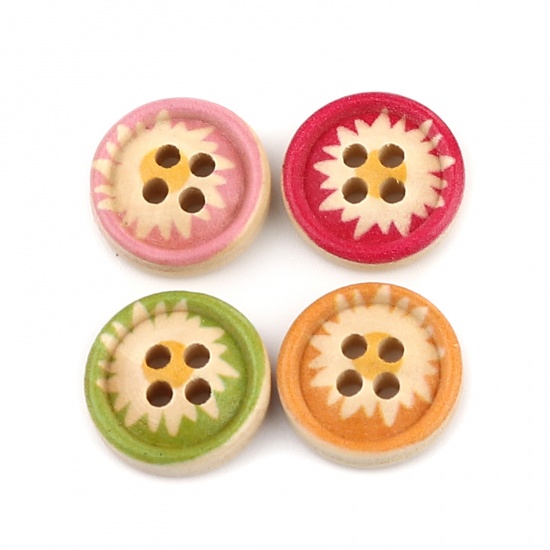 Picture of Wood Sewing Buttons Scrapbooking 4 Holes Round At Random Color Chrysanthemum Flower 15mm Dia., 100 PCs