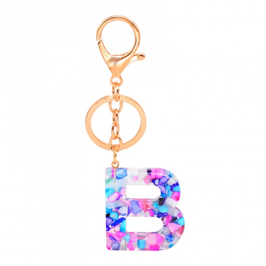 Picture of Zinc Based Alloy & Acrylic Keychain & Keyring Gold Plated Multicolor Capital AlphaBet/ Letter Message " B " 1 Piece