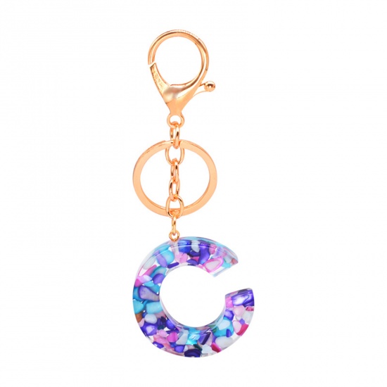 Picture of Zinc Based Alloy & Acrylic Keychain & Keyring Gold Plated Multicolor Capital AlphaBet/ Letter Message " C " 1 Piece