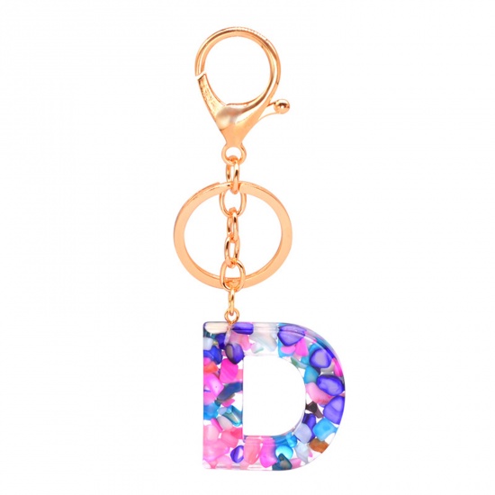 Picture of Zinc Based Alloy & Acrylic Keychain & Keyring Gold Plated Multicolor Capital AlphaBet/ Letter Message " D " 1 Piece