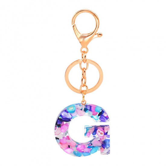 Picture of Zinc Based Alloy & Acrylic Keychain & Keyring Gold Plated Multicolor Capital AlphaBet/ Letter Message " G " 1 Piece