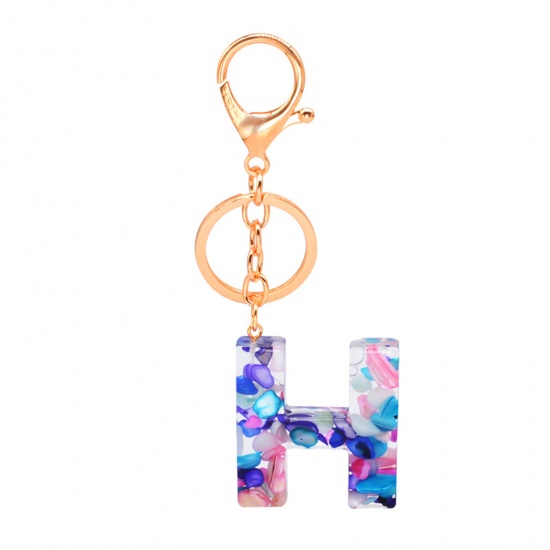 Picture of Zinc Based Alloy & Acrylic Keychain & Keyring Gold Plated Multicolor Capital AlphaBet/ Letter Message " H " 1 Piece
