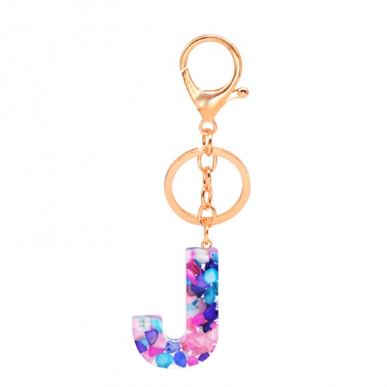 Picture of Zinc Based Alloy & Acrylic Keychain & Keyring Gold Plated Multicolor Capital AlphaBet/ Letter Message " J " 1 Piece