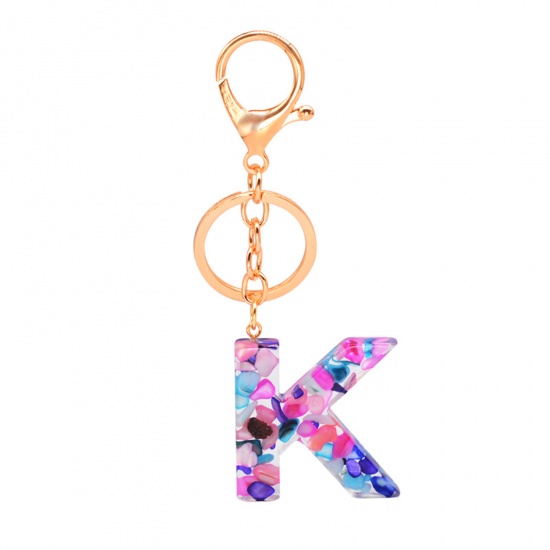 Picture of Zinc Based Alloy & Acrylic Keychain & Keyring Gold Plated Multicolor Capital AlphaBet/ Letter Message " K " 1 Piece