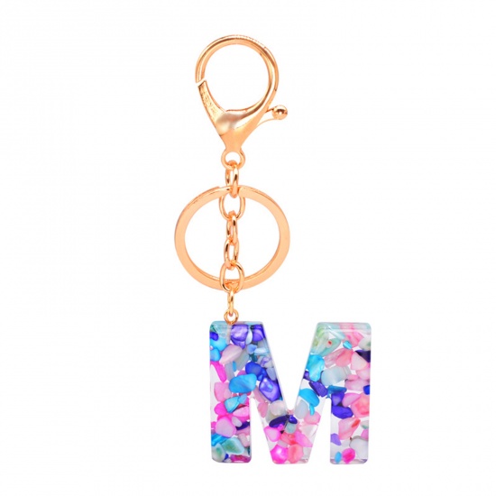 Picture of Zinc Based Alloy & Acrylic Keychain & Keyring Gold Plated Multicolor Capital AlphaBet/ Letter Message " M " 1 Piece