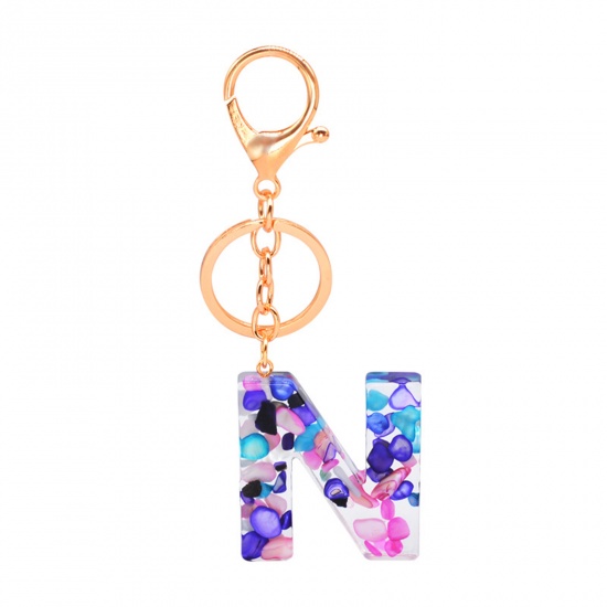 Picture of Zinc Based Alloy & Acrylic Keychain & Keyring Gold Plated Multicolor Capital AlphaBet/ Letter Message " N " 1 Piece