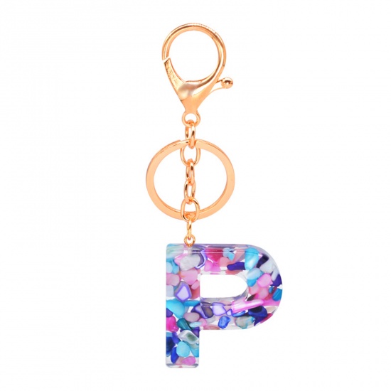 Picture of Zinc Based Alloy & Acrylic Keychain & Keyring Gold Plated Multicolor Capital AlphaBet/ Letter Message " P " 1 Piece