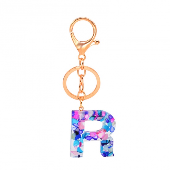 Picture of Zinc Based Alloy & Acrylic Keychain & Keyring Gold Plated Multicolor Capital AlphaBet/ Letter Message " R " 1 Piece