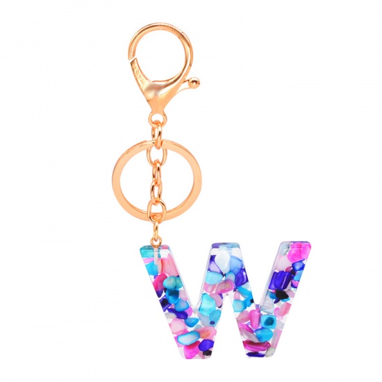 Picture of Zinc Based Alloy & Acrylic Keychain & Keyring Gold Plated Multicolor Capital AlphaBet/ Letter Message " W " 1 Piece