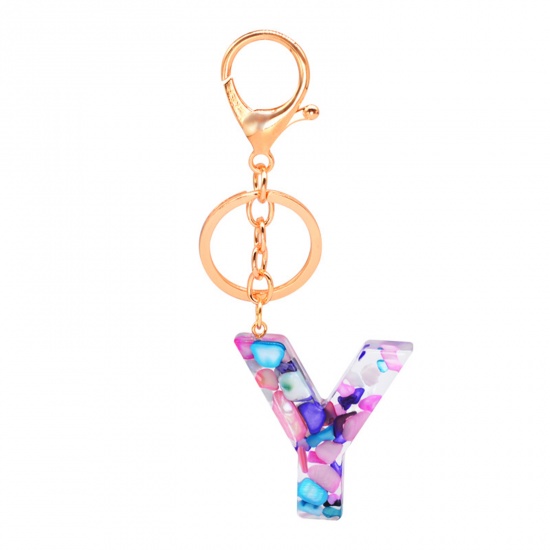 Picture of Zinc Based Alloy & Acrylic Keychain & Keyring Gold Plated Multicolor Capital AlphaBet/ Letter Message " Y " 1 Piece