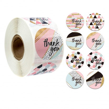 Paper DIY Scrapbook Deco Stickers Round Multicolor Geometric Pattern " THANK YOU " 2.5cm Dia., 1 Roll (Approx 500 PCs/Roll) の画像