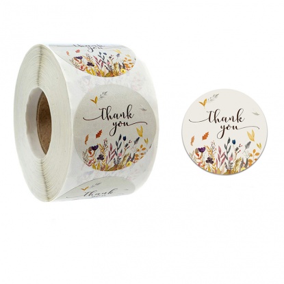 Paper DIY Scrapbook Deco Stickers Round Multicolor Flower Pattern " THANK YOU " 2.5cm Dia., 1 Roll (Approx 500 PCs/Roll) の画像