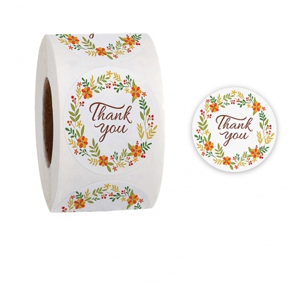 Paper DIY Scrapbook Deco Stickers Round Multicolor Wreath Pattern " THANK YOU " 2.5cm Dia., 1 Roll (Approx 500 PCs/Roll) の画像
