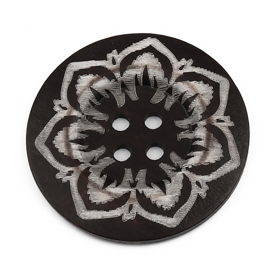 Picture of Wood Sewing Buttons Scrapbooking 4 Holes Round Dark Coffee Flower 6cm Dia., 10 PCs
