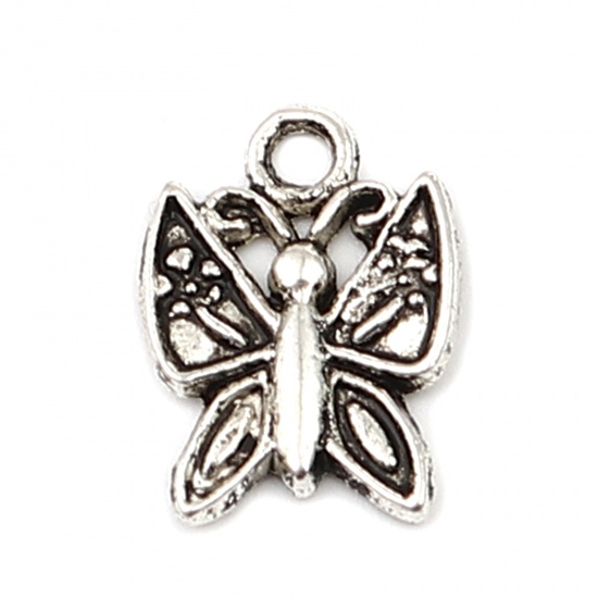 Picture of Zinc Based Alloy Insect Charms Butterfly Animal Antique Silver Color 16mm x 11mm, 100 PCs