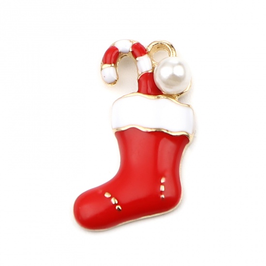 Bild von Zinklegierung & Acryl Charms Weihnachten Stiefel Vergoldet Weiß & Rot Imitat Perle 19mm x 11mm, 10 Stück