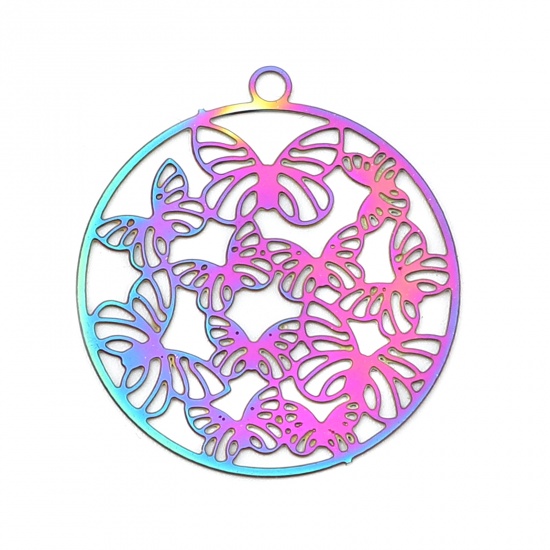 Picture of Stainless Steel Filigree Stamping Charms Round AB Color Butterfly Plating 22mm x 20mm, 10 PCs