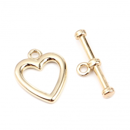 Picture of Zinc Based Alloy Toggle Clasps Heart 16K Real Gold Plated 22mm x 7mm 18mm x 15mm, 10 Sets
