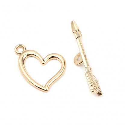 Bild von Zinc Based Alloy Toggle Clasps Bow And Arrow 16K Real Gold Plated Heart 36mm x 7mm 21mm x 21mm, 5 Sets