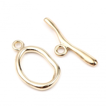 Picture of Zinc Based Alloy Toggle Clasps Oval 16K Real Gold Plated 30mm x 9mm 25mm x 15mm, 5 Sets