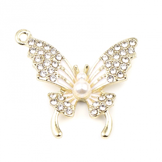 Picture of Zinc Based Alloy Micro Pave Charms Butterfly Insect Animal Gold Plated White Acrylic Enamel Imitation Pearl Clear Rhinestone 24mm x 23mm, 3 PCs