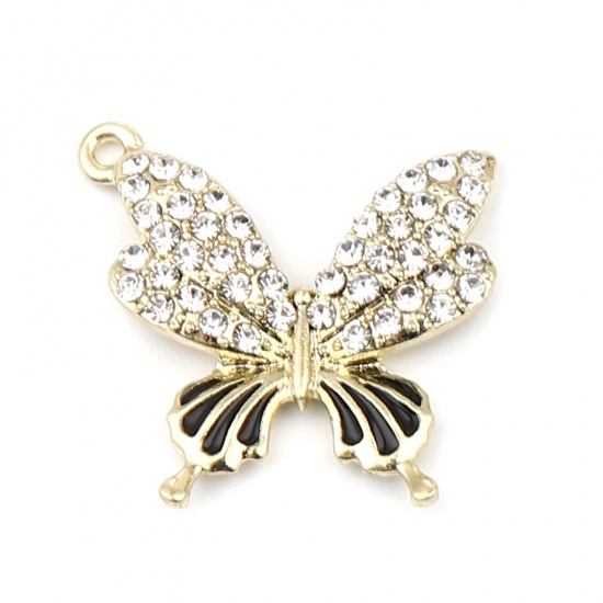 Picture of Zinc Based Alloy Micro Pave Insect Charms Butterfly Animal Gold Plated Black Enamel Clear Rhinestone 22mm x 22mm, 3 PCs