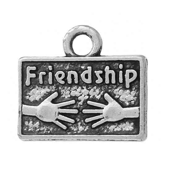 Picture of Zinc Metal Alloy Charm Pendants Rectangle Antique Silver Hands Message " Friendship " Carved 15mm( 5/8") x 13mm( 4/8"), 20 PCs