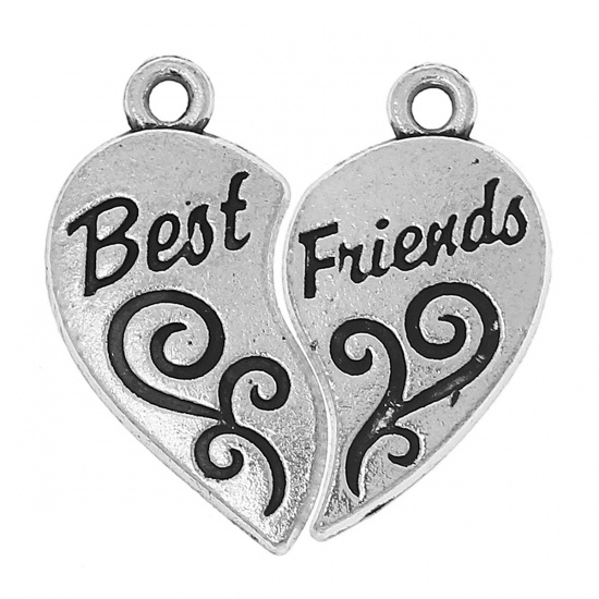 Picture of Zinc Metal Alloy Charm Pendants Broken Heart Antique Silver Message " BEST FRIENDS " Carved 23mm x12mm( 7/8" x 4/8") 22mm x12mm( 7/8" x 4/8"), 10 Sets
